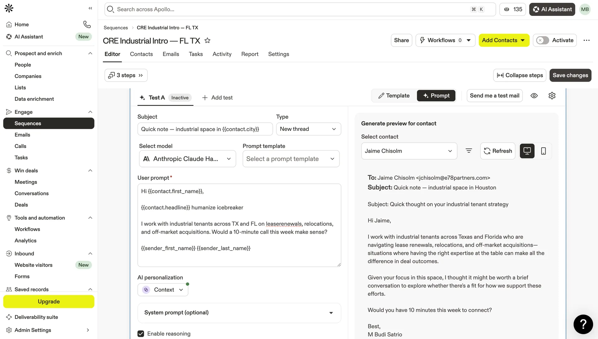 Apollo AI email Claude Haiku personalization icebreaker live preview Jaime Chisolm