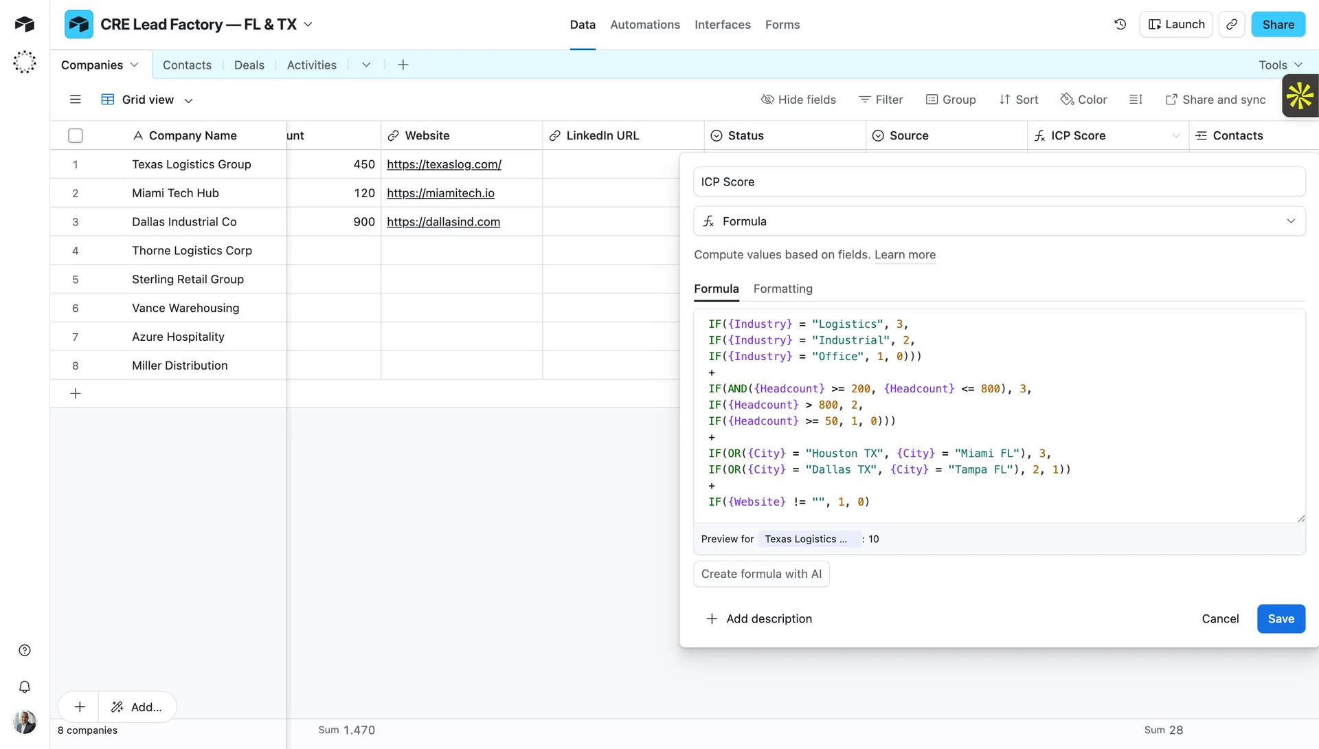 Airtable ICP Score formula editor full code Texas Logistics preview 10
