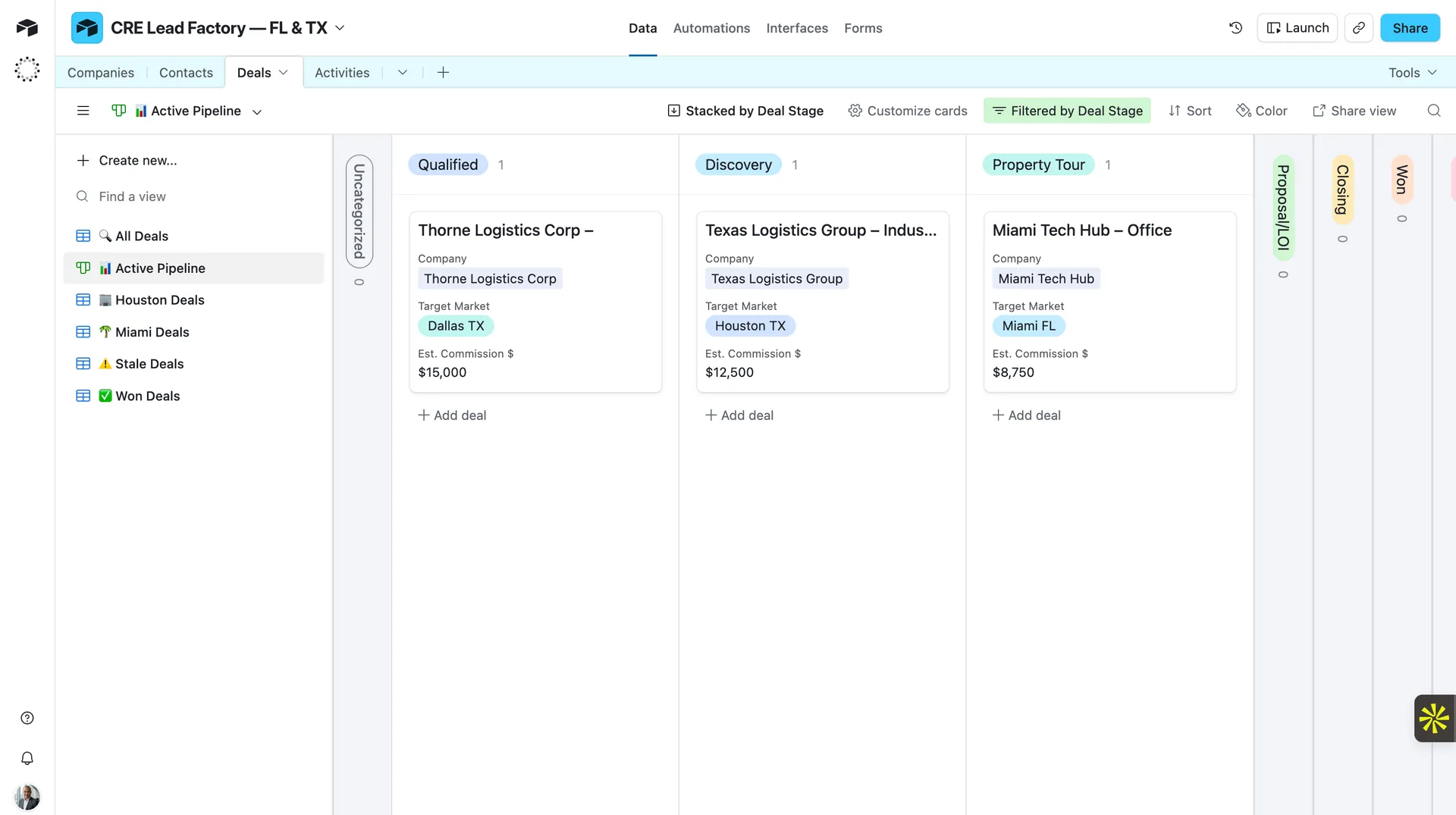 Airtable Active Pipeline Kanban Qualified Discovery Property Tour deals