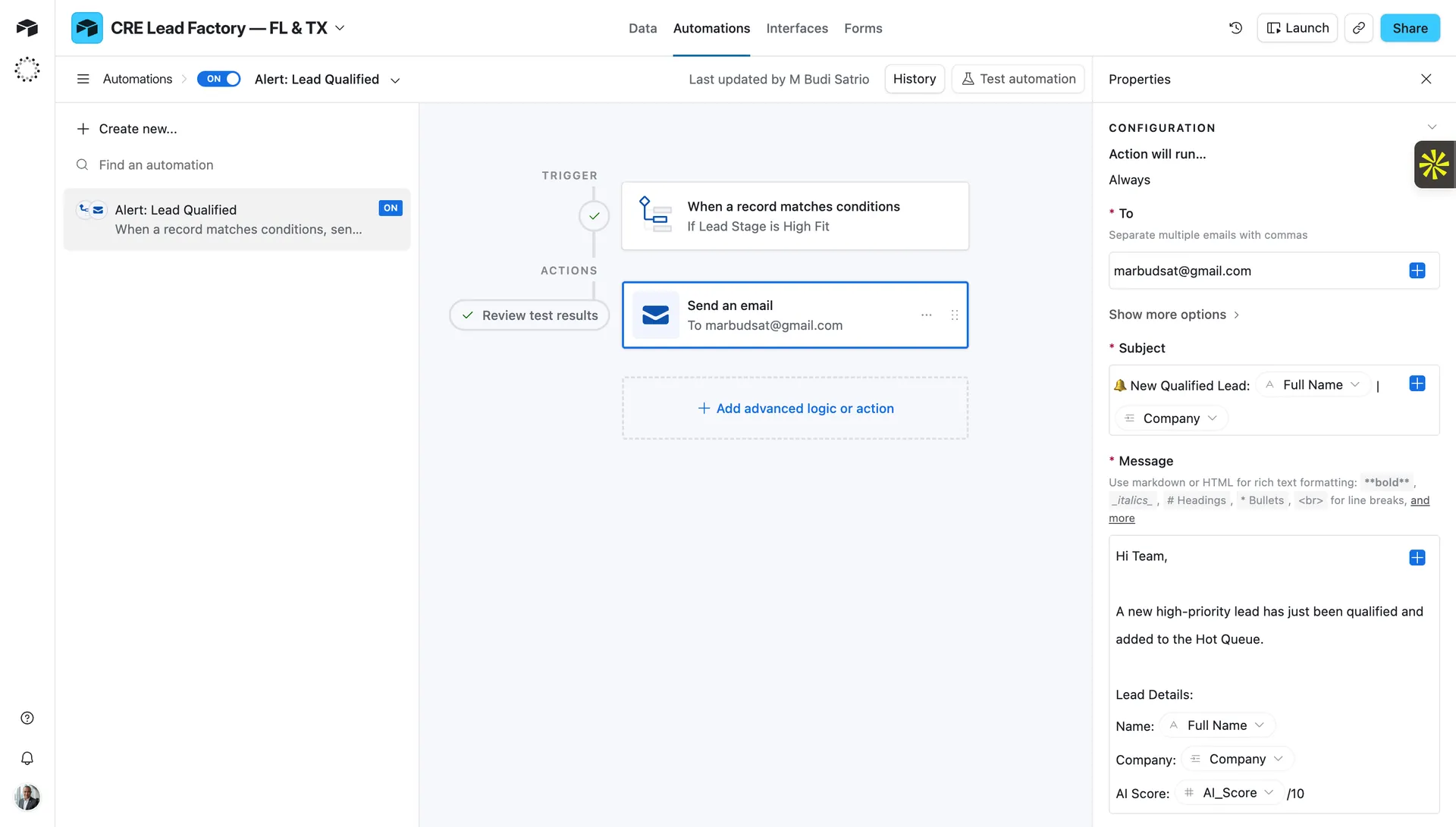 Airtable automation Alert Lead Qualified ON trigger High Fit send email