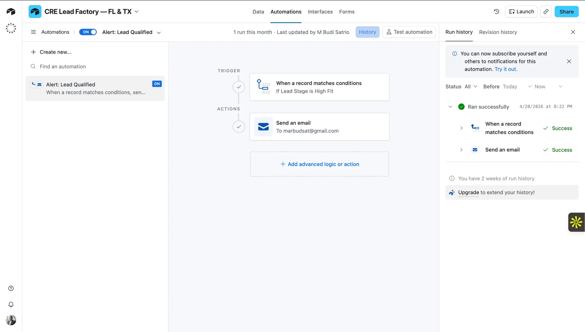 Airtable automation run history confirmed 4/20/2026 8:22 PM both steps success