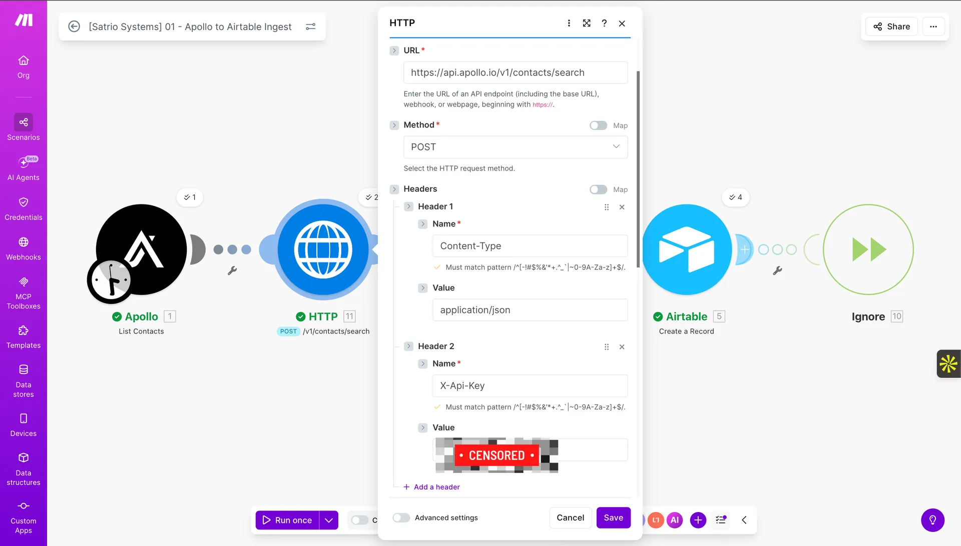 Make HTTP module Apollo API URL header X-Api-Key CENSORED