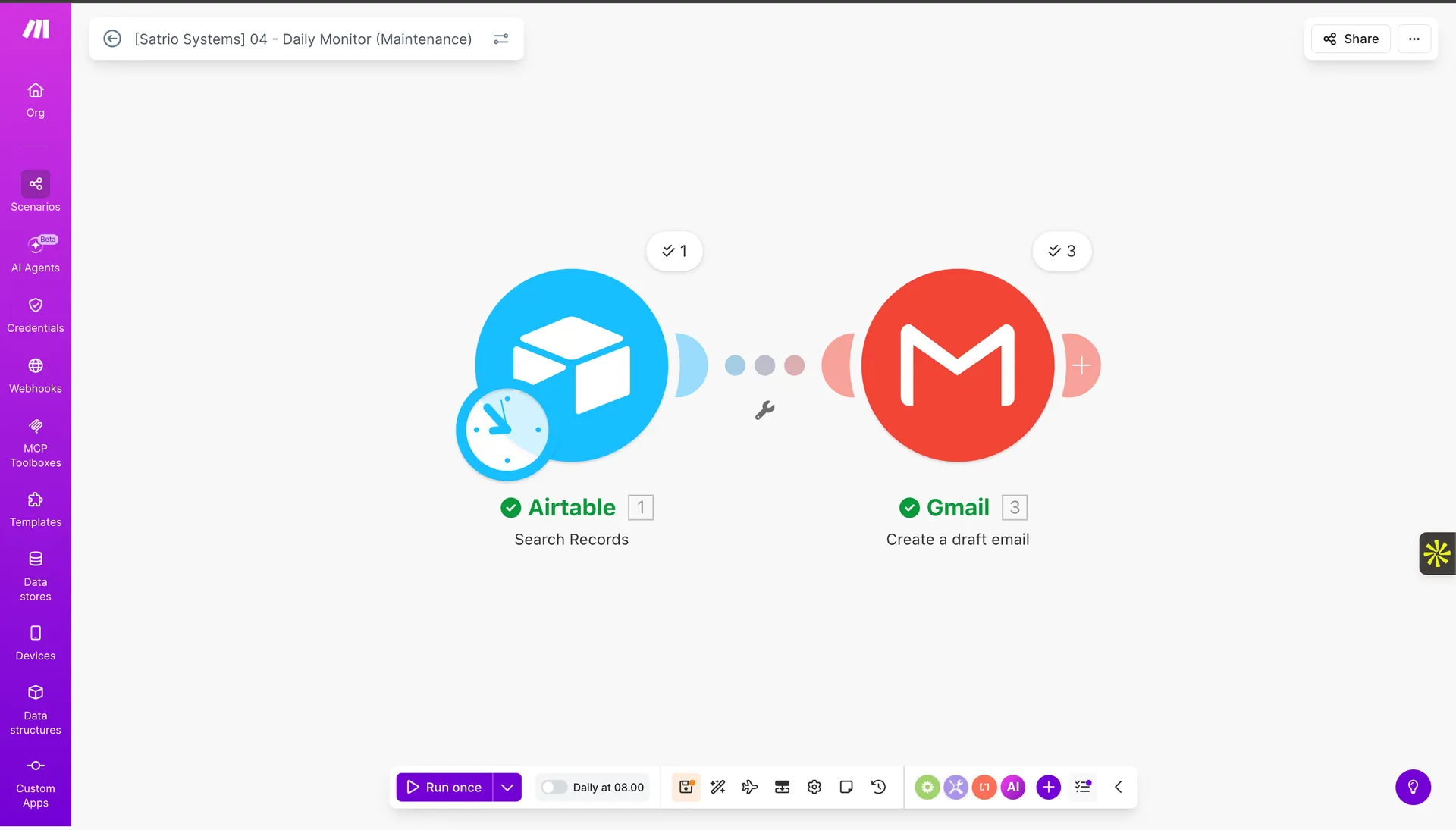 Make Scenario 04 Daily Monitor Airtable Search Gmail daily at 08:00