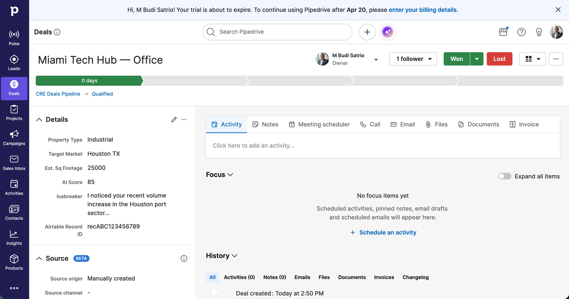 Pipedrive deal detail Miami Tech Hub custom fields AI Score 85 Icebreaker Airtable Record ID