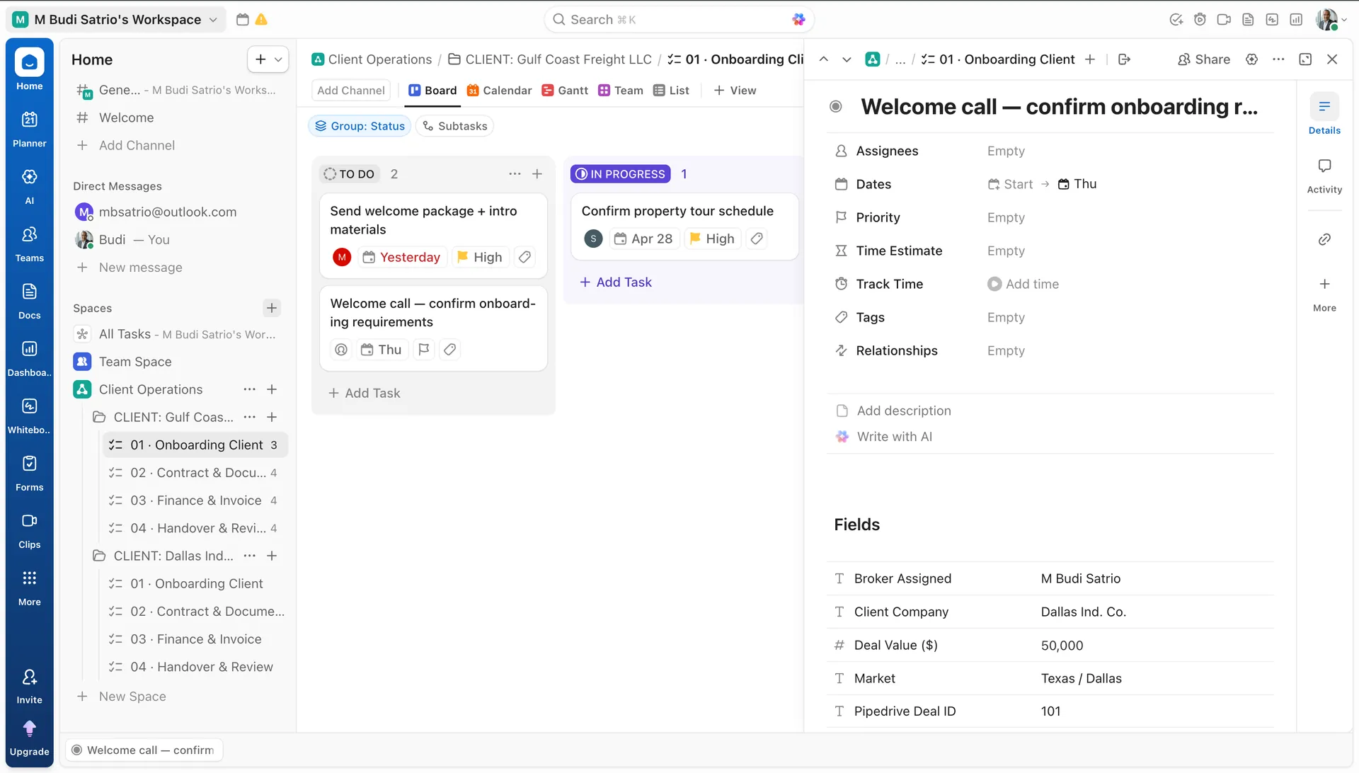 ClickUp task detail custom fields Broker Assigned Client Company Deal Value Market Pipedrive Deal ID