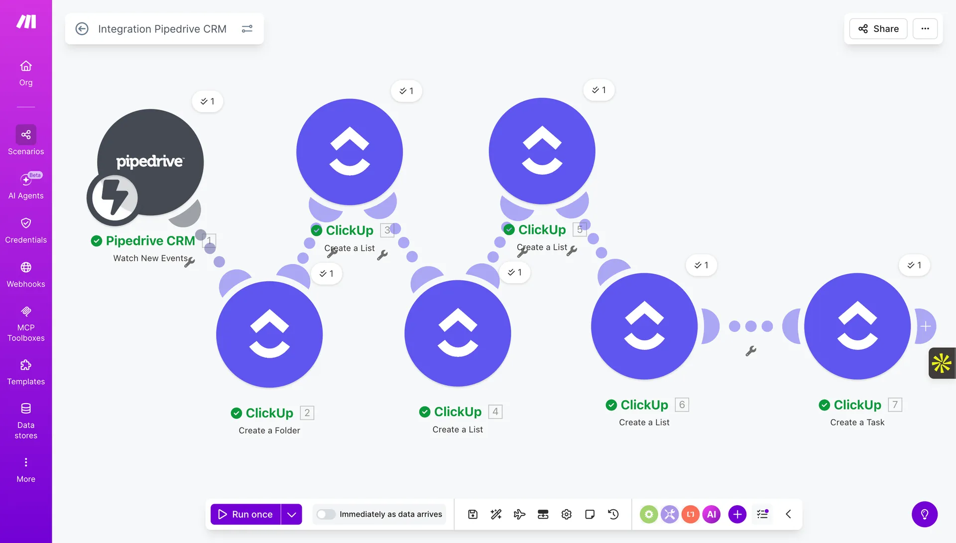Make Integration Pipedrive CRM scenario Pipedrive Watch New Events ClickUp Create Folder List Task